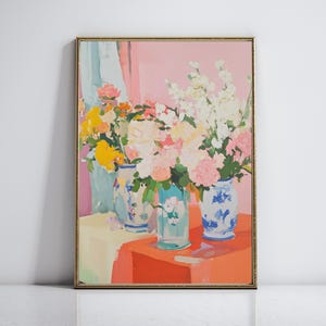 Jarrón con estampado de chiniosiere y flores, pintura de bodegón floral, arte preppy, decoración cottagecore francesa, póster maximalista, obra de arte grandmillennial