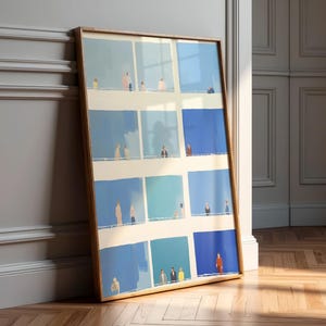 a large framed collage of nine smaller images, each depicting a person in various poses and settings, arranged in a grid-like pattern.