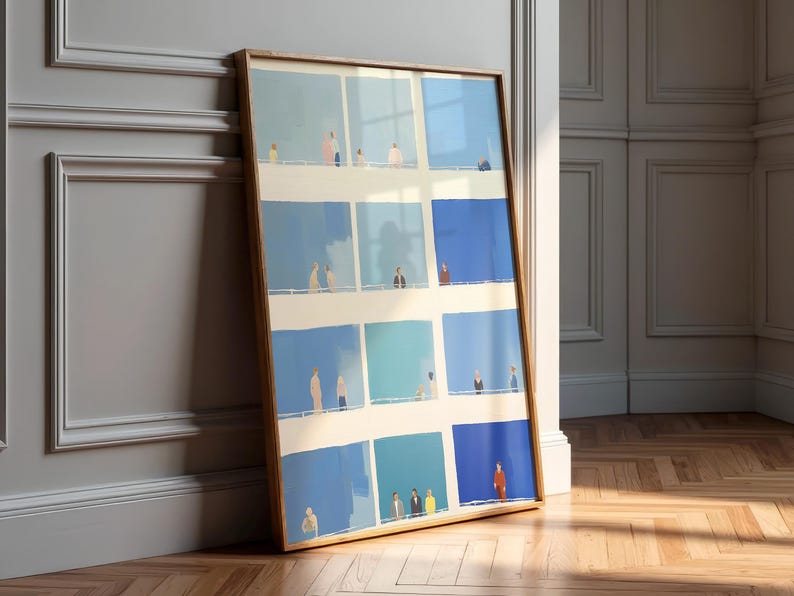 a large framed collage of nine smaller images, each depicting a person in various poses and settings, arranged in a grid-like pattern.