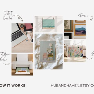 The image is a collage of various home office and art-related items, including a laptop, a printer, framed pictures, and other decorative elements. The collage is titled "HOW IT WORKS" and includes text that describes the process of printing at home or online, framing, and enjoying art.