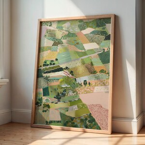 a large, colorful painting of a landscape, displayed on a wooden frame and leaning against a wall.