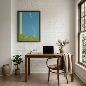 Solarpunk Wind Turbine Picnic Print, Green Wall Art (Digital Download)