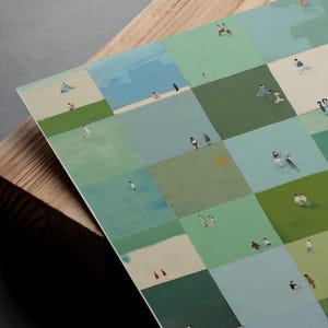 Angled close up on a corner, textured watercolor squares in sage and teal, sage green printable wall art, watercolor digital print