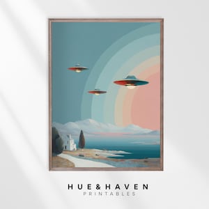 Retro UFO Spaceship Art Print Midcentury Flying Saucer Poster, Surreal Sci-Fi Digital Download