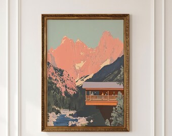 May include: A framed art print featuring a stylized mountain landscape with peach-colored peaks, dark green pine forests, and a blue river. A wooden balcony structure with small figures extends from the side, set against a pale green sky.