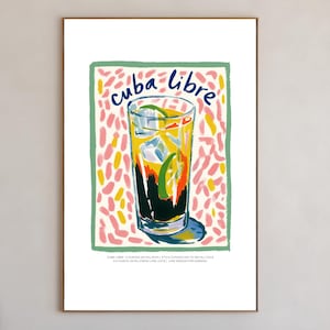 Przepis na koktajl Cuba Libre Sztuka Rum i Coca-Cola Drukuj Bar Cart Fantazyjny Bar Cart Signature Drink Sign Plakat Koktajlowy Wydrukowana Sztuka Ścienna