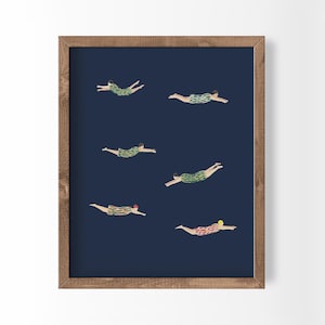 Impression bleu marine sur le thème de la natation, illustration côtière fantaisiste représentant de minuscules personnages (téléchargement numérique)
