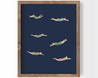 Tiny People Swimming Poster Minimalist Wall Art Beach House Decor