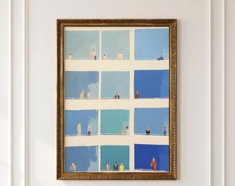 Cubicle Decor, Tiny People Wall Art, Blue Geometric Office Painting, Whimsical Modern Print
