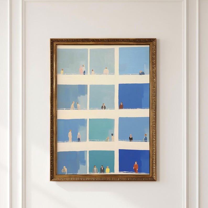 Framed Tiny People Wall Art in gold frame on white wall, blue geometric grid with tiny stylized figures