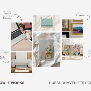 The image is a collage of various home office and art-related items, including a laptop, a printer, framed pictures, and other decorative elements. The collage is titled "HOW IT WORKS" and includes text that describes the process of printing at home or online, framing, and enjoying art.