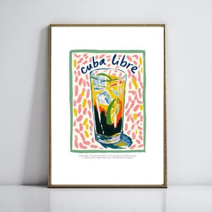 Arte con receta de cóctel Cuba Libre, impresión de ron y Coca-Cola, carrito de bar, carrito de bar caprichoso, letrero de bebida de autor, póster de cóctel, arte de pared imprimible