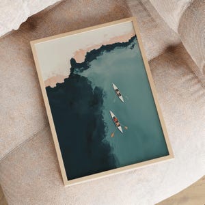 Print laying on woven rug, faded vintage finish and organic imperfections, printable lake artwork, tiny people art print