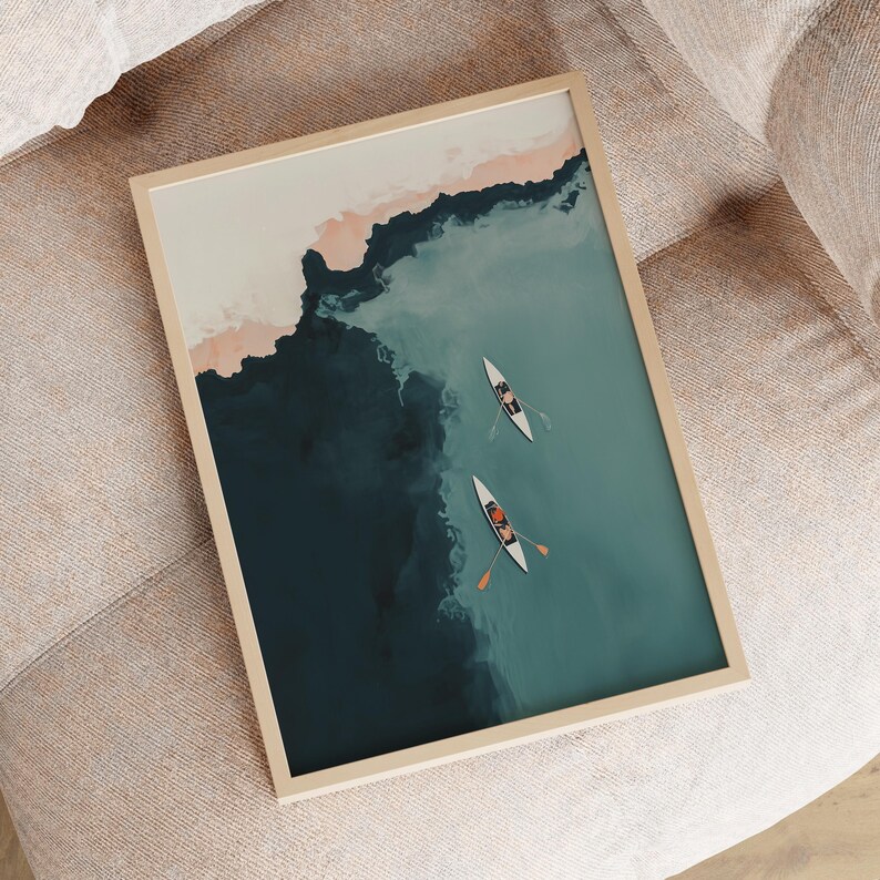 Print laying on woven rug, faded vintage finish and organic imperfections, printable lake artwork, tiny people art print