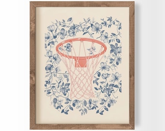 Minimalist Basketball Poster, Hoop & Flowers Sports Print, Girly Dopamine Decor, Printable Wall Art