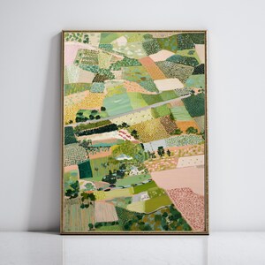 The image is a large, colorful painting depicting a vibrant, abstract landscape with various shapes, patterns, and colors.