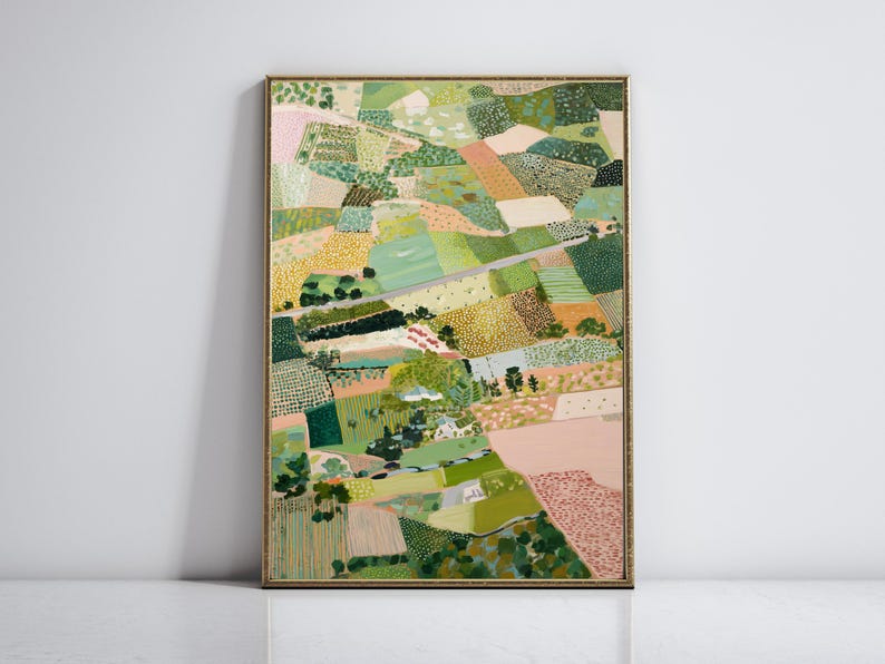 The image is a large, colorful painting depicting a vibrant, abstract landscape with various shapes, patterns, and colors.