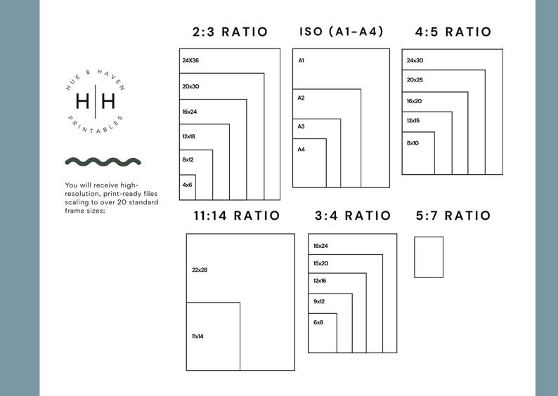 Printable size chart and aspect ratio guide for the tiny people dancing print, digital wall art download details