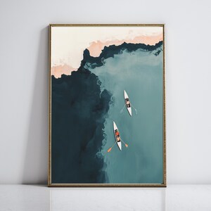 Minimal styling, framed print leaning on white wall, abstract lake art perfect as lake house wall art