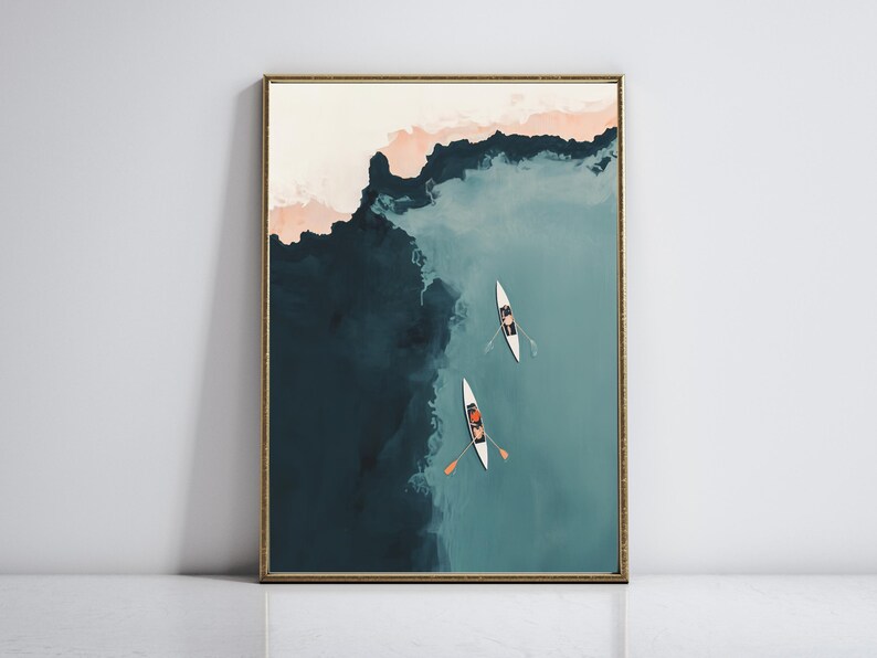 Minimal styling, framed print leaning on white wall, abstract lake art perfect as lake house wall art
