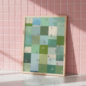 Print leaning against glossy pink tiles, soft shadows across muted green squares, sage green printable wall art, minimalist green wall art