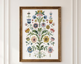 Scandinavian Folk Art Flower Print, Vintage Botanical Poster (Digital Download)