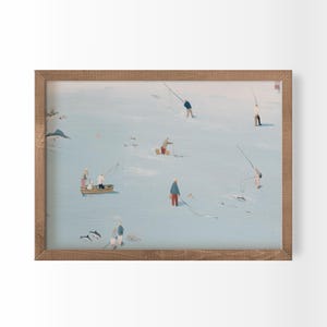 Arte de pared minimalista con paisaje marino, pesca, casa de playa, gente pequeña, impresión