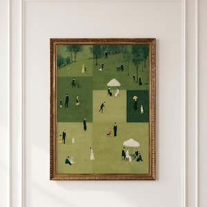 Puede incluir: Una impresión artística enmarcada que presenta una pintura de paisaje en forma de cuadrícula con varias figuras vestidas de oscuro dispersas por parches verdes. La escena incluye personas caminando, sentadas y de pie bajo sombrillas blancas en un parque.