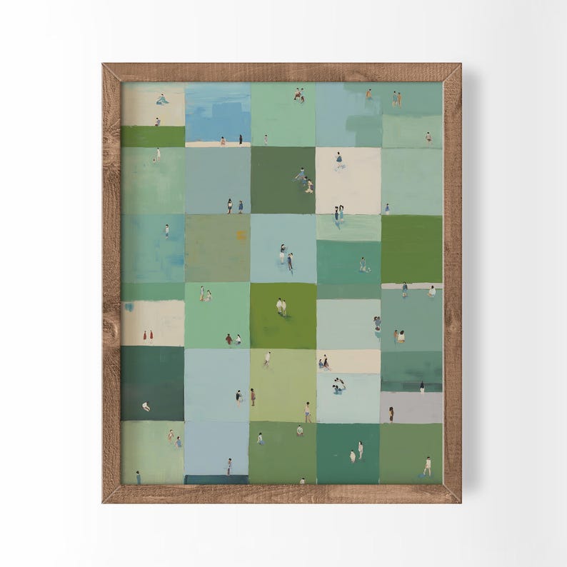 Close centered framed print with textured gold frame, watercolor grid in sage, teal and cream, sage green printable wall art, sage green abstract art print