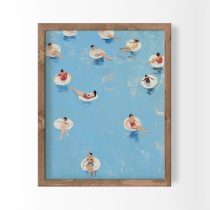 Peut inclure: Une impression d'art encadrée représentant un fond d'eau bleu clair avec plusieurs personnages flottant sur des bouées circulaires blanches. Les personnages portent divers maillots de bain et sont dispersés en vue plongeante.