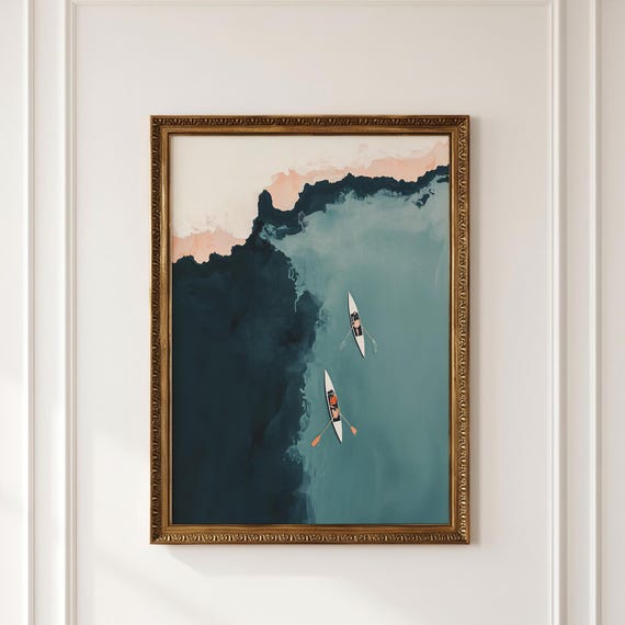 Lake House Wall Art, Athletic Tiny People Rowing Playroom Prints (Digital Download)