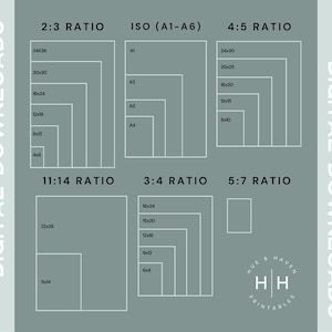 The image is a collection of various sizes and ratios of photographs, including a 2:3 ratio, 4:5 ratio, and 11:14 ratio. These images are part of a digital download series, as indicated by the text "DIGITAL DOWNLOADS" and "HUE & HAVEN PRINTBLES".