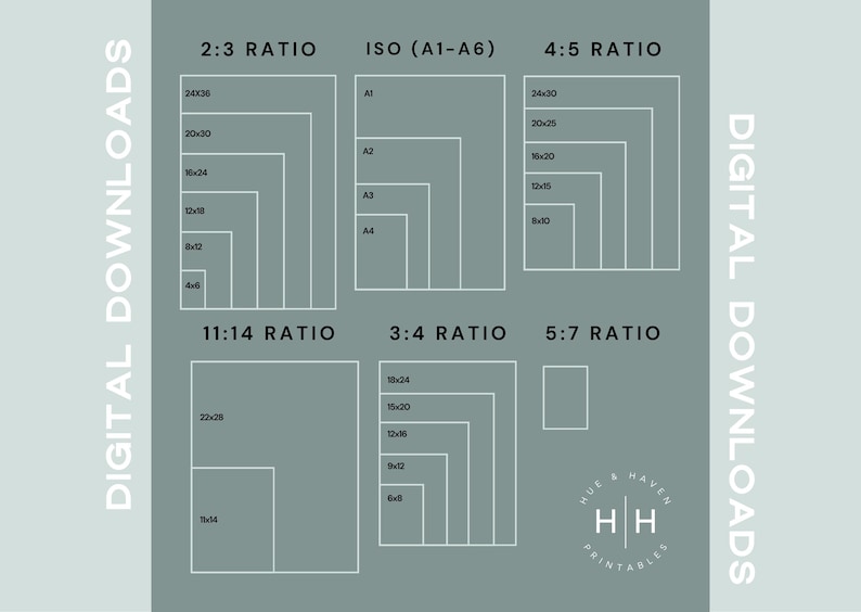 The image is a collection of various sizes and ratios of photographs, including a 2:3 ratio, 4:5 ratio, and 11:14 ratio. These images are part of a digital download series, as indicated by the text "DIGITAL DOWNLOADS" and "HUE & HAVEN PRINTBLES".