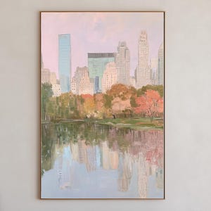 Impression de Central Park New York, peinture, cadeau de voyage, affiche BCBG de NYC, ville rose, lever du soleil, téléchargement numérique, pastel, paysage urbain, art mural imprimable