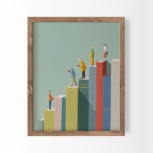 Décoration d'étagères, livres d'escalade de petites personnes, oeuvre d'art murale pour coin lecture, impression de bibliothèque colorée