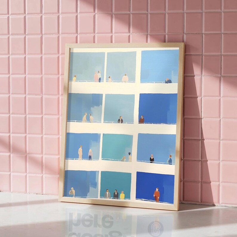 Leaning Tiny People Wall Art against pink tile, vertical blue printable wall art, geometric abstract grid, playful feel