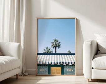 Sommerlicher Kunstdruck „Poolside Cabana“: Badezimmerdeko im Küstenstil (Digitaler Download)