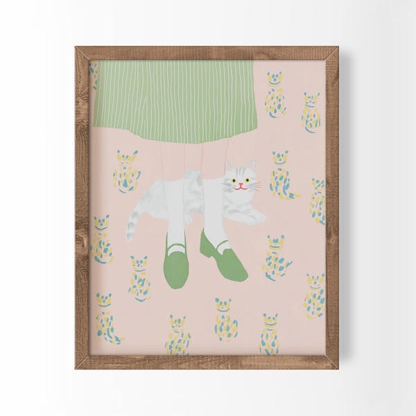 Maximalist Cat Print Pink and Green Wall Art Floral Pattern Background Poster Dopamine Decor Cute Skirt Fashion Art Weird Girl Poster