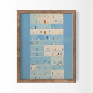 Póster Bauhaus con impresión de personas diminutas y luces nocturnas.