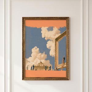 May include: A framed art print featuring a surreal scene with a large, ornate gold picture frame suspended in a blue sky with white clouds. Below, small figures in dark suits stand near a classical building, with one person on a ladder.