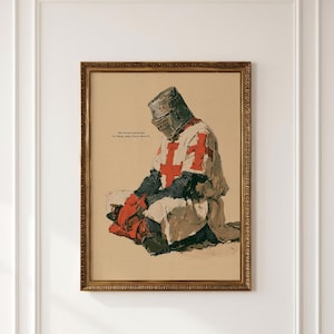 May include: A framed wall art print featuring a knight in a metal helmet and white tunic with a red cross, kneeling in a somber pose. The text reads: the horror persist but i'm being really brave about it. The artwork has a textured, canvas-like appearance.