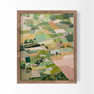 Stampa rustica minimalista verde salvia, paesaggio di campagna, patchwork artistico, decorazioni in stile cottage