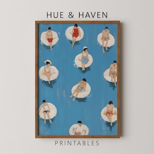 Tiny People Swimming Pool Print, Floating in Water Poster, Minimalist Summer Wall Art, Swimmer Gift Digital