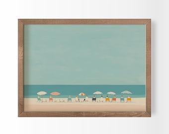 Impression vintage à la plage : de minuscules personnes nageant, art mural côtier (téléchargement numérique)