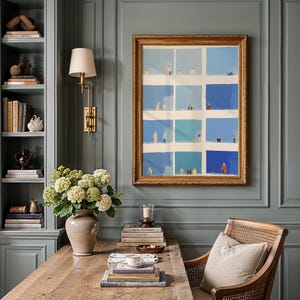 Classic vignette, Tiny People Wall Art in gold frame, blue geometric grid with tiny figures, office decor
