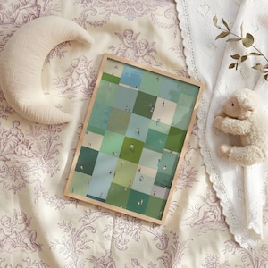 Flatlay on lace and linen, framed checkerboard with tiny people and dried flowers, sage green printable wall art, tiny people wall art