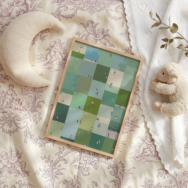 Flatlay on lace and linen, framed checkerboard with tiny people and dried flowers, sage green printable wall art, tiny people wall art