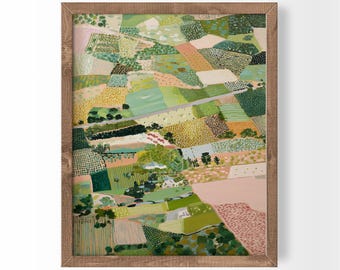 Minimal Rustic Art Sage Green Print Scenic Countryside Field Patchwork Artwork Cottage Style Decor
