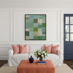 Centered above a sofa, framed checkerboard brings sage tones to the living room, sage green printable wall art, playful gallery wall print
