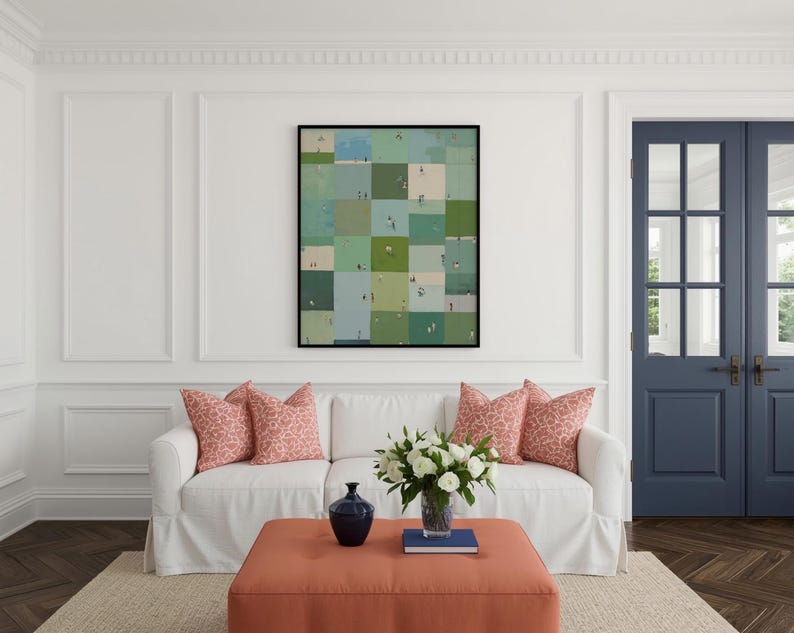 Centered above a sofa, framed checkerboard brings sage tones to the living room, sage green printable wall art, playful gallery wall print